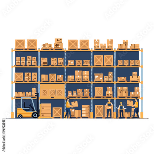 Warehouse with stacked boxes, forklift, and workers on white background