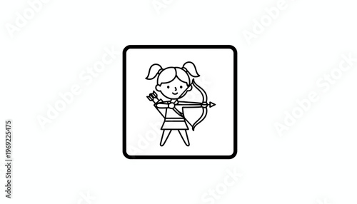 Cute girl archer cartoon icon, holding bow and arrow, ready to shoot, zodiac sign Sagittarius
