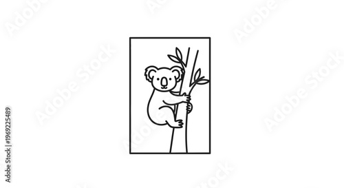 Cute Koala Climbing Tree Branch, Simple Line Art Illustration, Minimalist Australian Wildlife Icon