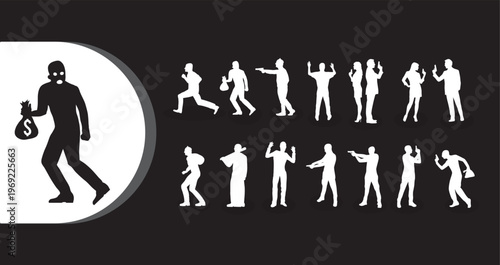 A collection of white silhouettes of people running and a black silhouette of a thief on a black background