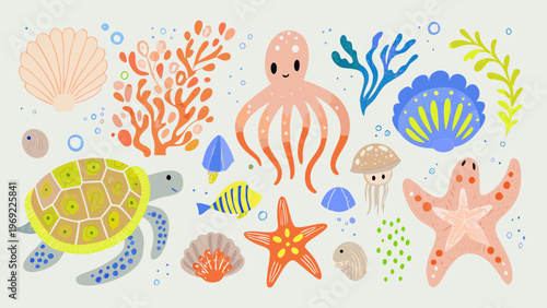 Colorful illustration of marine life including octopus turtle and starfish