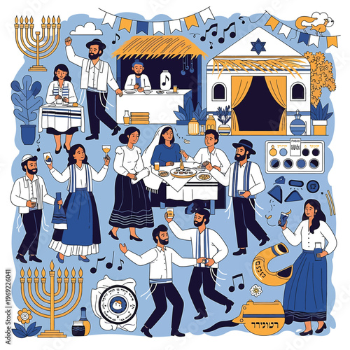 Jewish people dancing celebrating festival.