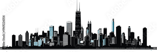 Chicago city skyline silhouette with John Hancock Center and skyscrapers isolated on white background for Illinois urban travel and architectural design.