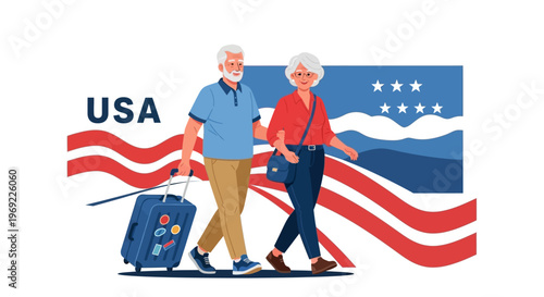 Older Americans Month celebration depicting a senior couple traveling to the USA with suitcases and the American flag in the background