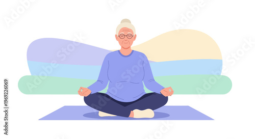 Celebrating Older Americans Month with Senior Woman Meditating in Lotus Pose on Yoga Mat