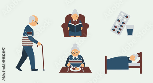 Diverse illustrations showcasing the daily routines, health, and care of elderly individuals, emphasizing community and support for Older Americans Month