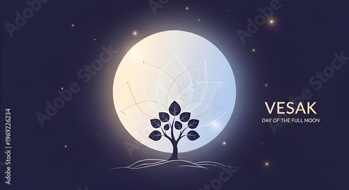 Vesak day celebration with a bodhi tree silhouette against a large glowing full moon in the night sky.
