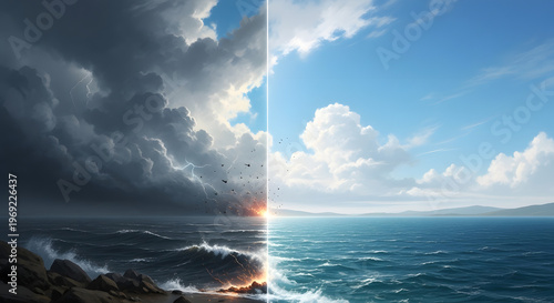A striking duality of a stormy ocean under dark clouds contrasted with a serene seascape under a clear blue sky, representing the contrast between chaos and tranquility