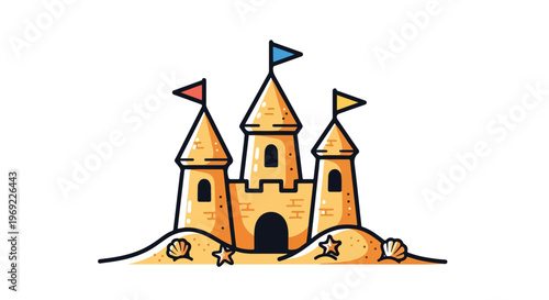 Sandcastle, beach, cartoon castle, vector illustration, summer icons