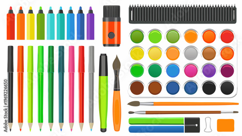 Colorful assortment of art supplies including markers pencils paints and brushes