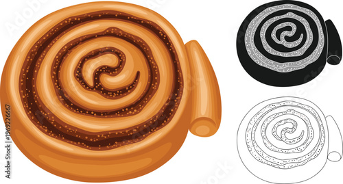 Cinnamon roll swirl set, delicious sweet pastry bun vector, gourmet bakery dessert illustration, black and white line art, isolated breakfast, snack.
