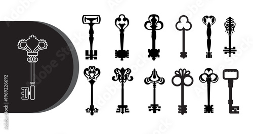 A collection of various ornate and antique keys on a white background