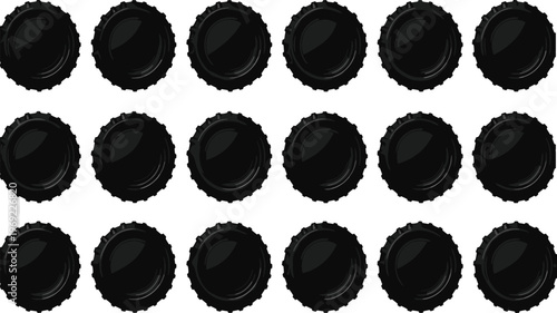 Collection of black metal bottle cap icons from top view, soda and beer lid vector set for beverage packaging design, and branding