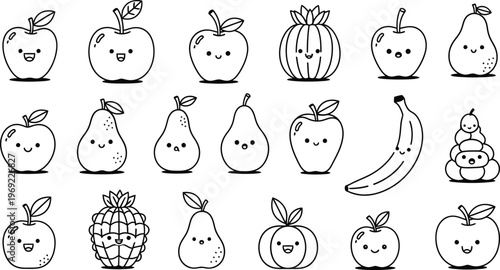 Collection of cute and whimsical illustrated fruits with faces