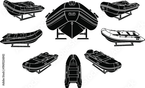 Collection of black inflatable boat silhouettes in various angles including top, front, side, and perspective views for marine rescue design