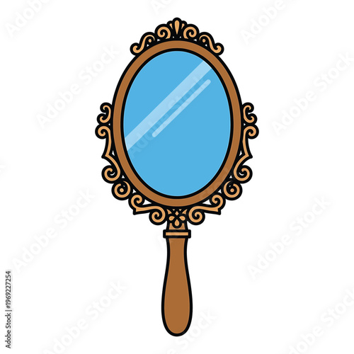 Handheld ornate wooden handheld mirror.