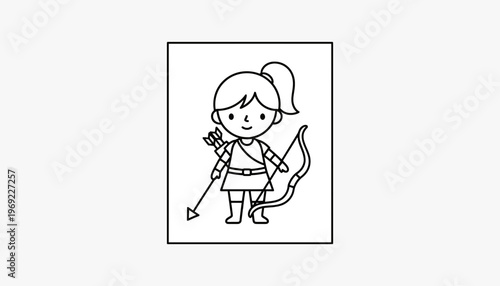 Cute Archer Girl Character with Bow and Arrow, Cartoon Style