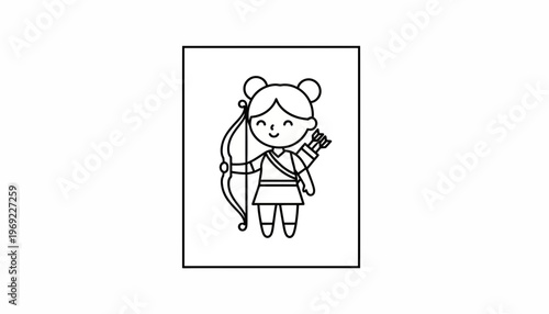 Cute Archer Girl Character with Bow and Arrows, Line Art Icon