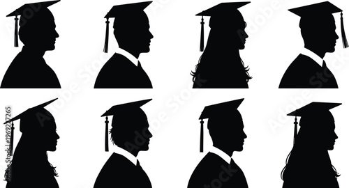 Collection of black vector silhouettes featuring male and female graduate profiles wearing academic caps and tassels isolated on white background
