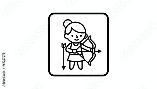 Cute Archer Girl Icon, Sagittarius Zodiac Sign, Line Art