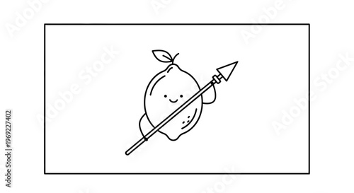 Cute cartoon lemon character holding a spear, funny illustration, healthy food concept