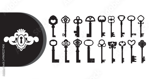 A collection of various keys and a keyhole on a black and white background