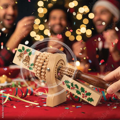 Hand holding wooden back massager tool.