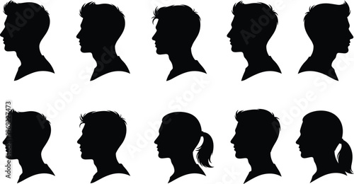 Collection of diverse male and female head silhouettes, side profile view, various modern hairstyles and haircuts, human face contours, isolated, vector.