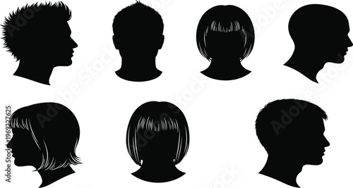 Collection of diverse male and female head silhouettes, various haircuts and hairstyles, profile and front view icons, human face contours, isolated, vector.