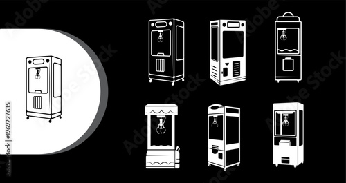 A collection of various vending machines on a black background