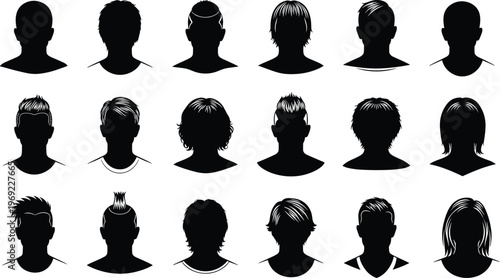 Collection of diverse male avatar silhouettes, various hair styles and haircuts icons, mens head profile set, isolated on white background, vector.