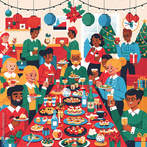 Diverse people at a Christmas dinner.