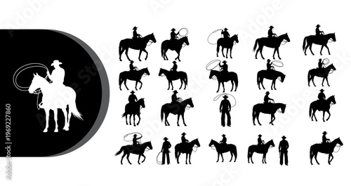 A collection of cowboy silhouettes in various poses on horseback with a lasso