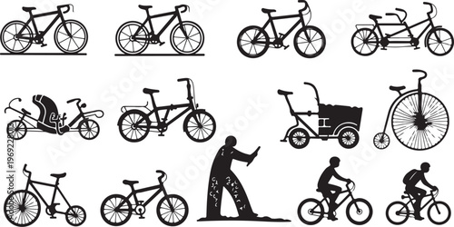 Bicycle Silhouettes and Riders in Various Poses and Styles