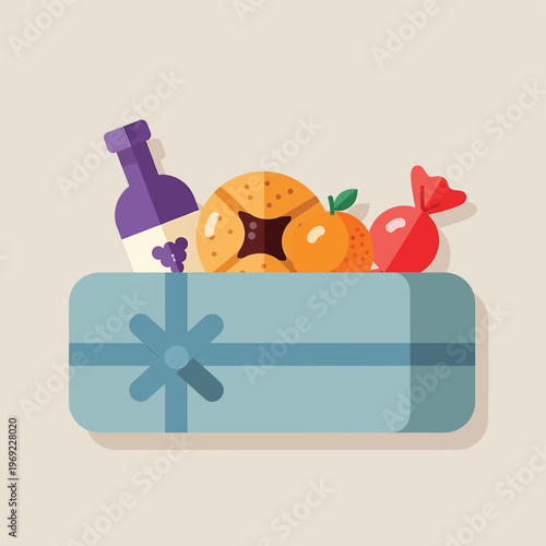 Gift box with food and ribbon.