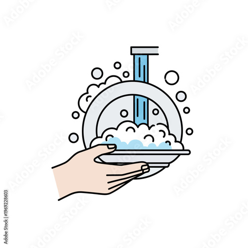 Hand washing dishes under running water with soap bubbles, clean hygiene concept illustration