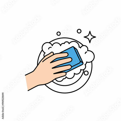 Hand washing plate with blue sponge and soap bubbles, clean kitchen hygiene concept