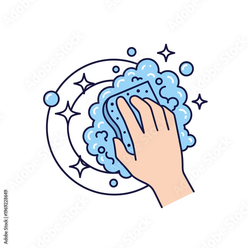 Hand washing dishes with sponge and soap bubbles, clean sparkling plates, hygiene concept