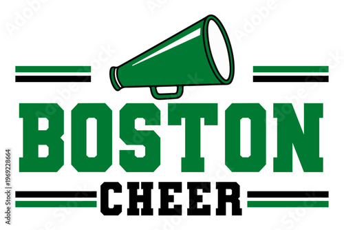 Boston Cheer Green Varsity Style Typography with Megaphone Illustration, Athletic College Sports Design for T-shirts and Merchandise