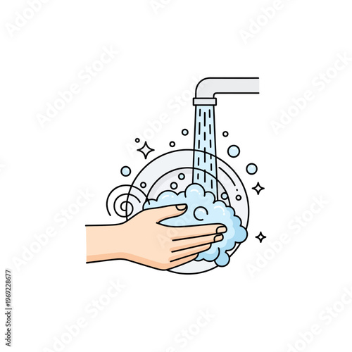 Hand washing under running water with soap and bubbles, dishwashing icon