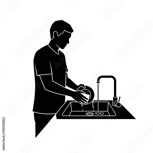Man washing dishes at kitchen sink with running water, household chore illustration