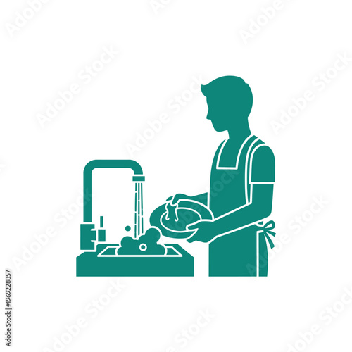 Man Washing Dishes Silhouette Icon