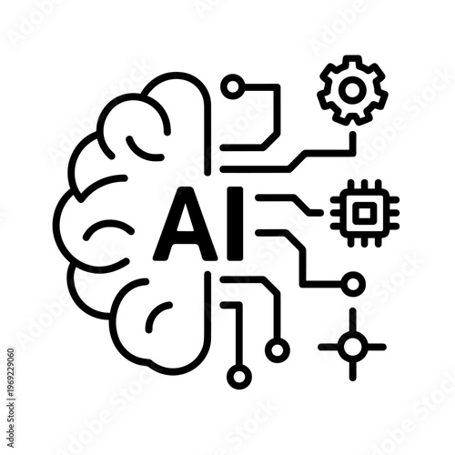 Black Outline AI Brain with Large Text Circuit and Chip Elements for Machine Learning Concept