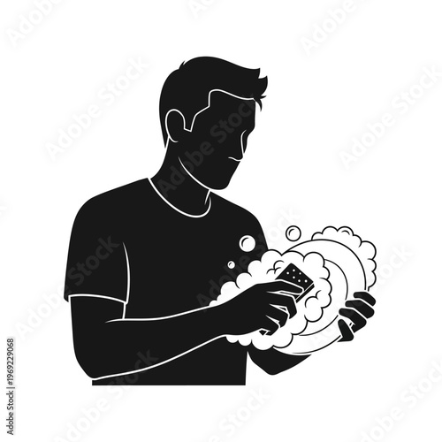 Man washing dishes with sponge and soap bubbles, illustration silhouette, hygiene concept