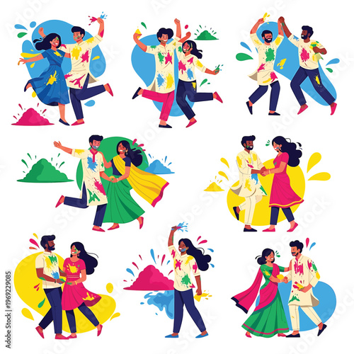 People dancing in colorful outfits together.