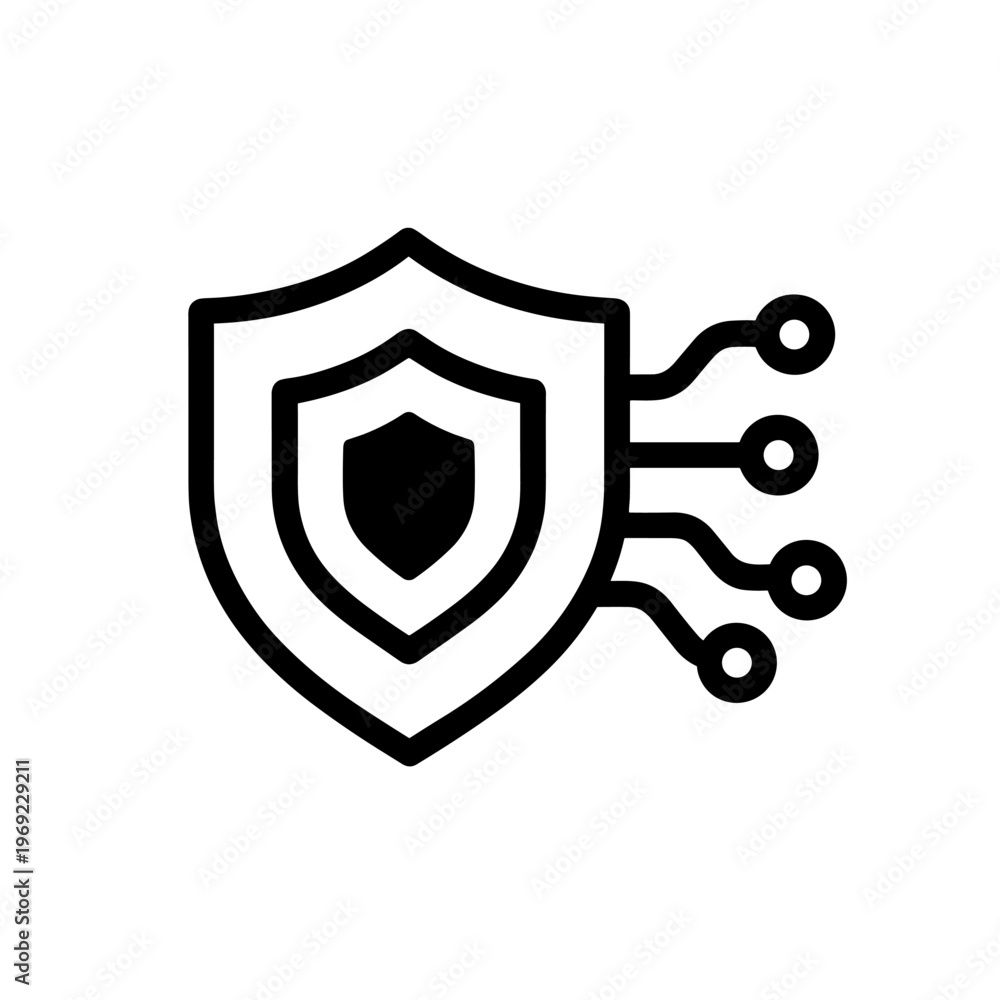 Obraz premium Black Outline Shield with Circuit Lines and Lock Symbol for Cybersecurity and Privacy Protection