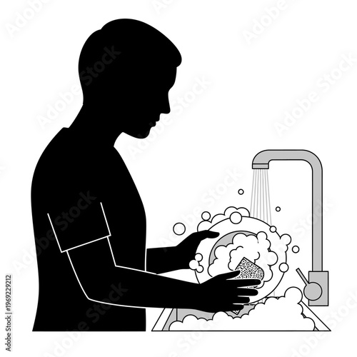 Silhouette of man washing dishes in kitchen sink with running water and soap suds