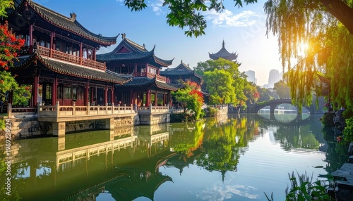 A picturesque view of traditional Chinese architecture reflected in calm waters, bathed in the warm glow of the rising sun, showcasing a serene and harmonious landscape.
