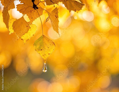 A close-up photograph showcases vibrant yellow autumn leaves with a single glistening water droplet suspended from one, set against a blurred golden background.