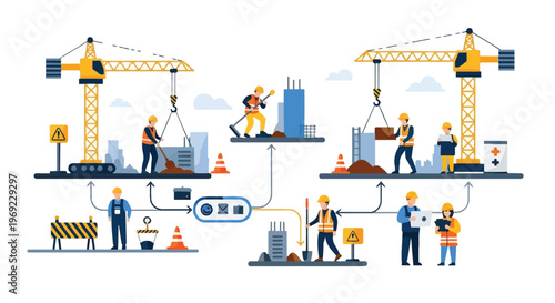 Vector illustration of a construction site design featuring a group of industrial building workers, a crane, and a professional team of builders in safety gear